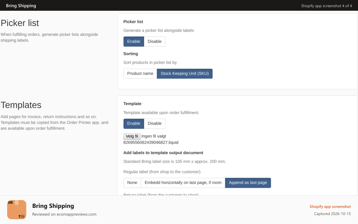 Bring Shipping Shopify app screenshot: Picker list + template settings
