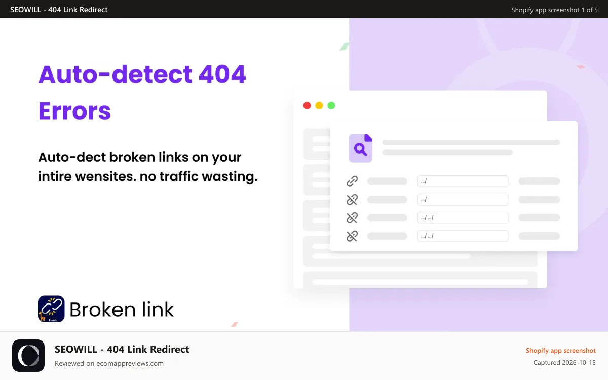 SEOWILL ‑ 404 Link Redirect Shopify app screenshot: Automated 404 Error Tracking_Broken Link Manager