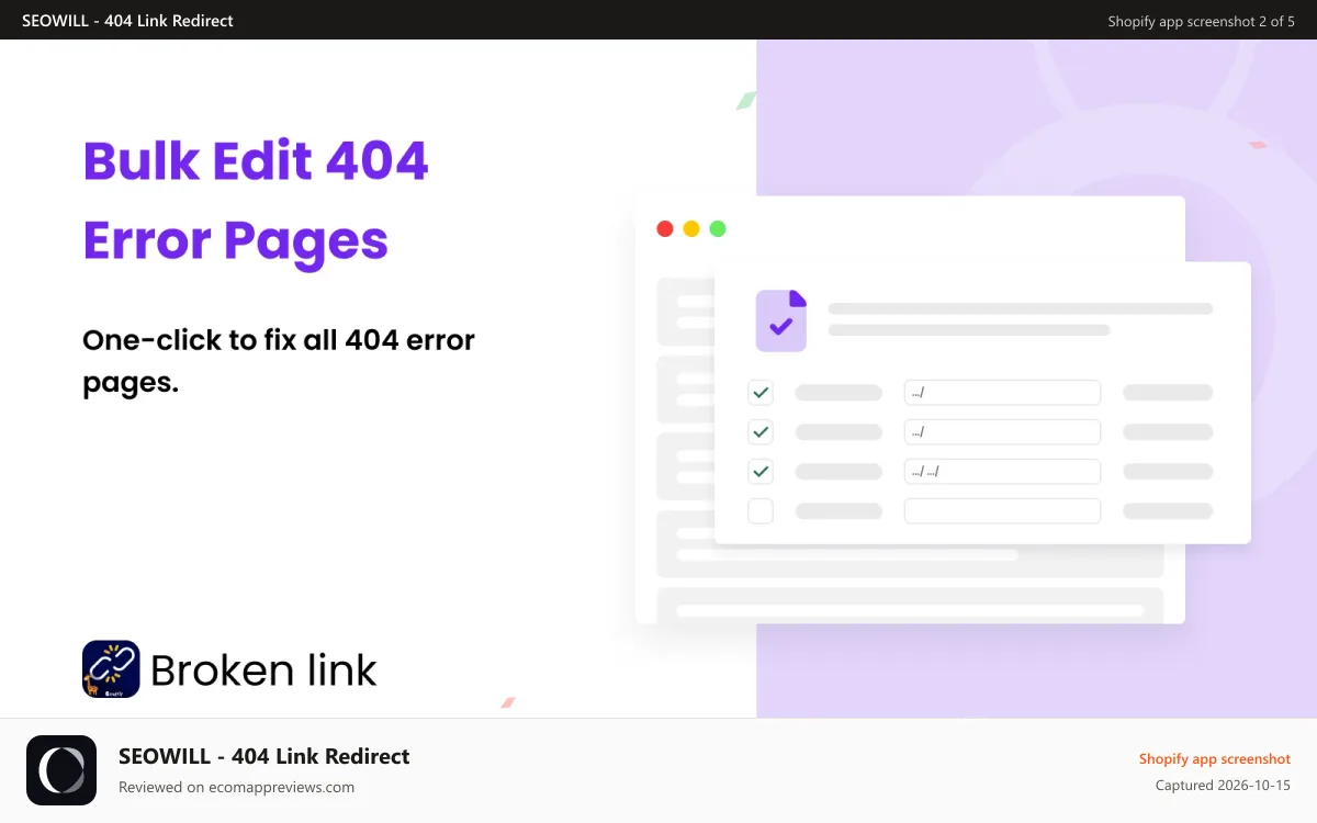 SEOWILL ‑ 404 Link Redirect Shopify app screenshot: Daily 404 Error Report_Broken Link Manager
