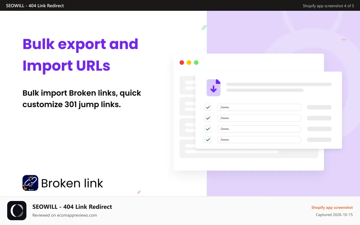 SEOWILL ‑ 404 Link Redirect Shopify app screenshot: Export and Import_Broken Link Manager