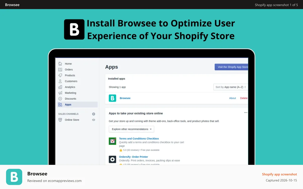 Browsee Shopify app screenshot: Install Browsee Plugin on Shopify
