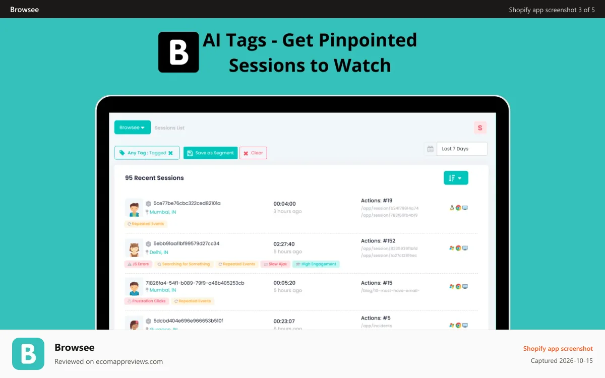 Browsee Shopify app screenshot: AI Tags on Session Recordings - Get Pinpointed Sessions to Watch