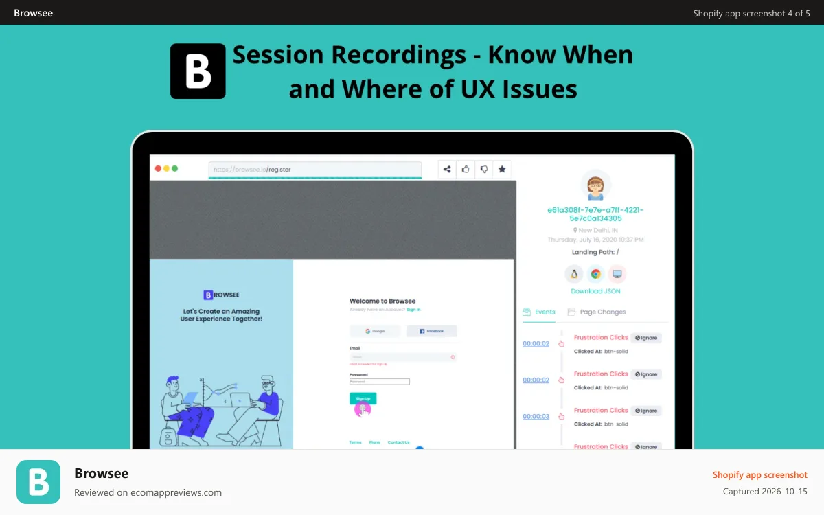 Browsee Shopify app screenshot: Exactly Know When and Where a User has Faced an Issue