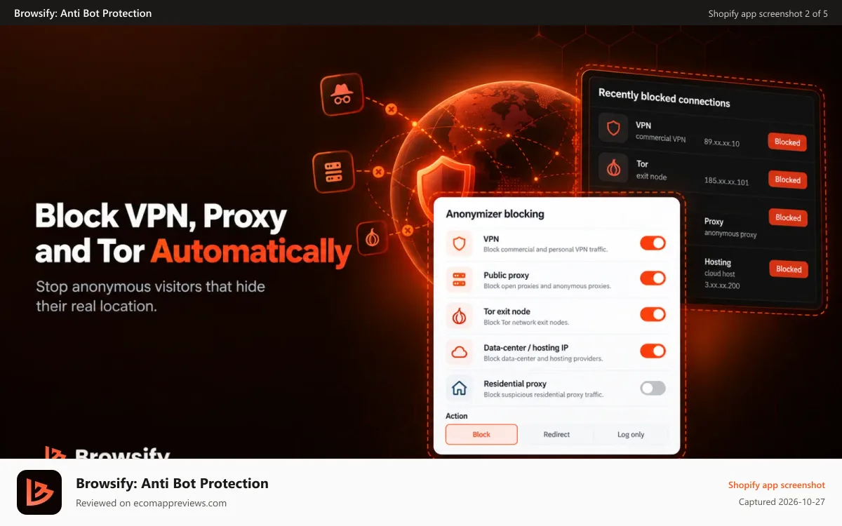 Browsify: Anti Bot Protection Shopify app screenshot: Block VPN, proxy and Tor visitors automatically