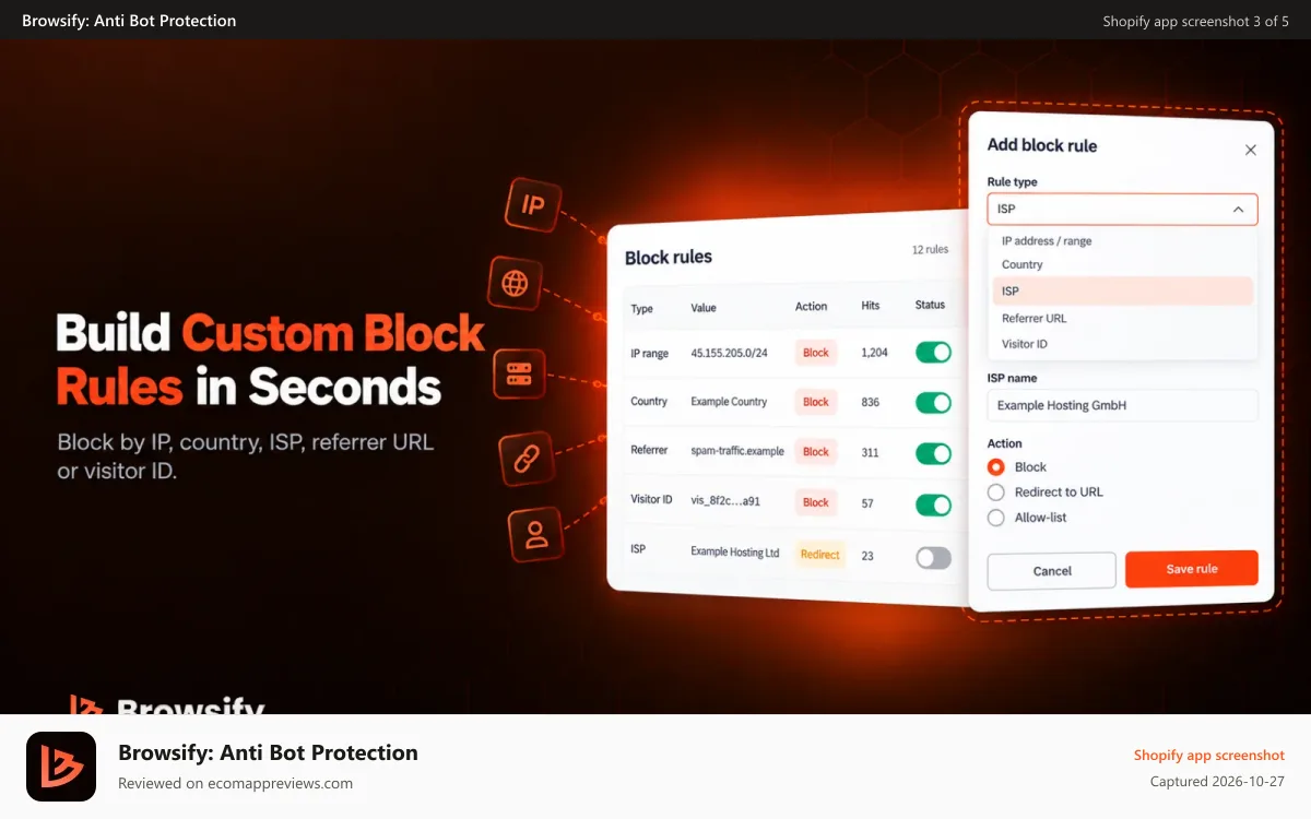 Browsify: Anti Bot Protection Shopify app screenshot: Custom block rules by IP, country, ISP and referrer