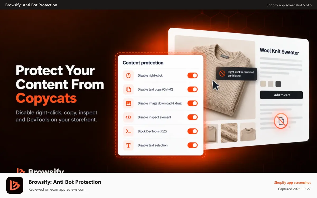 Browsify: Anti Bot Protection Shopify app screenshot: Stop content theft: block right-click, copy and DevTools