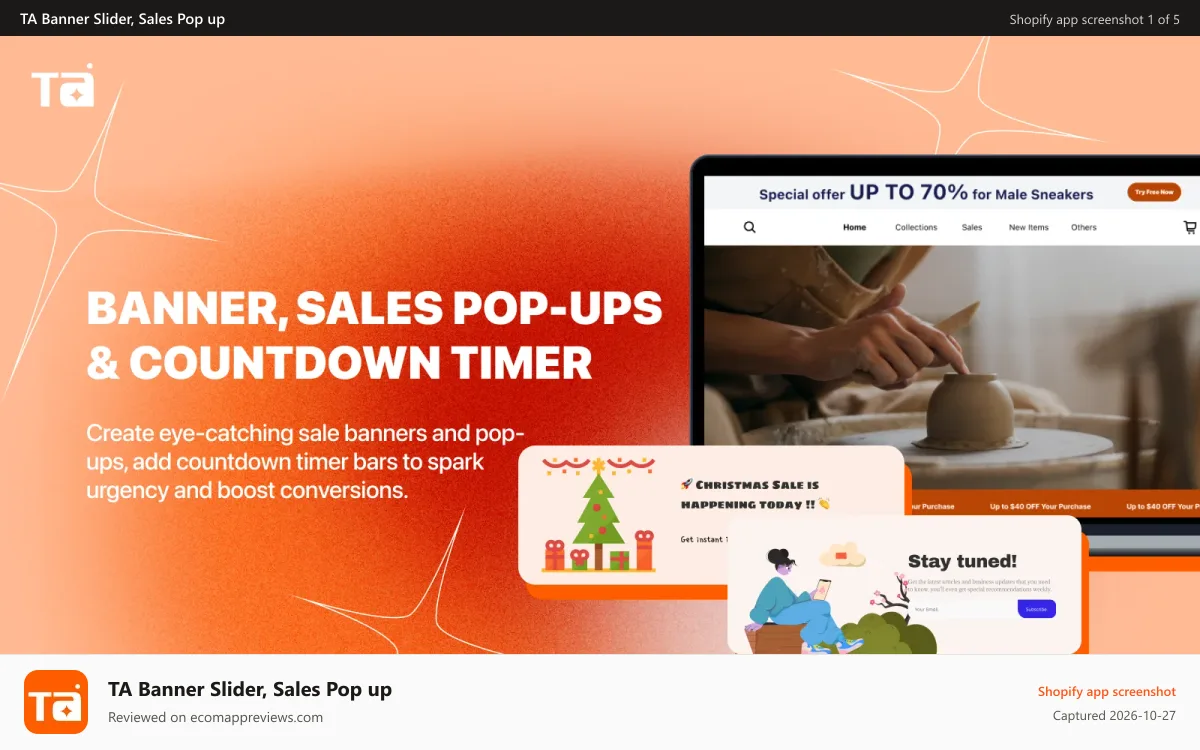 TA Banner Slider, Sales Pop up Shopify app screenshot: banner sale popups countdown timer shopify app