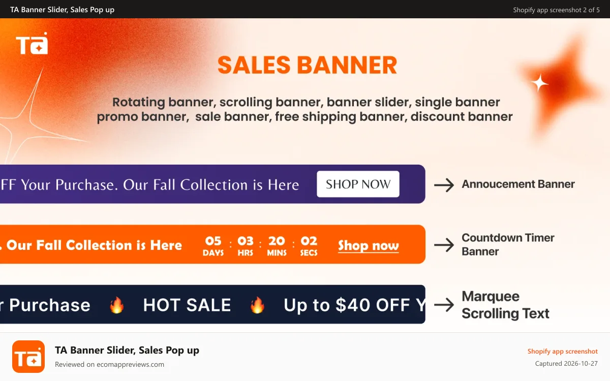 TA Banner Slider, Sales Pop up Shopify app screenshot: sale banner, annoucement banner, marquee scrolling banner