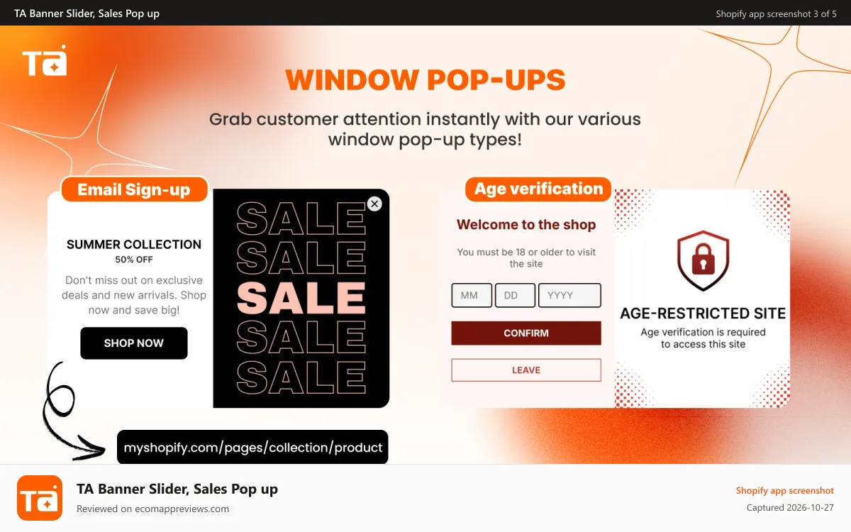 TA Banner Slider, Sales Pop up Shopify app screenshot: window popup, window popup, popup window