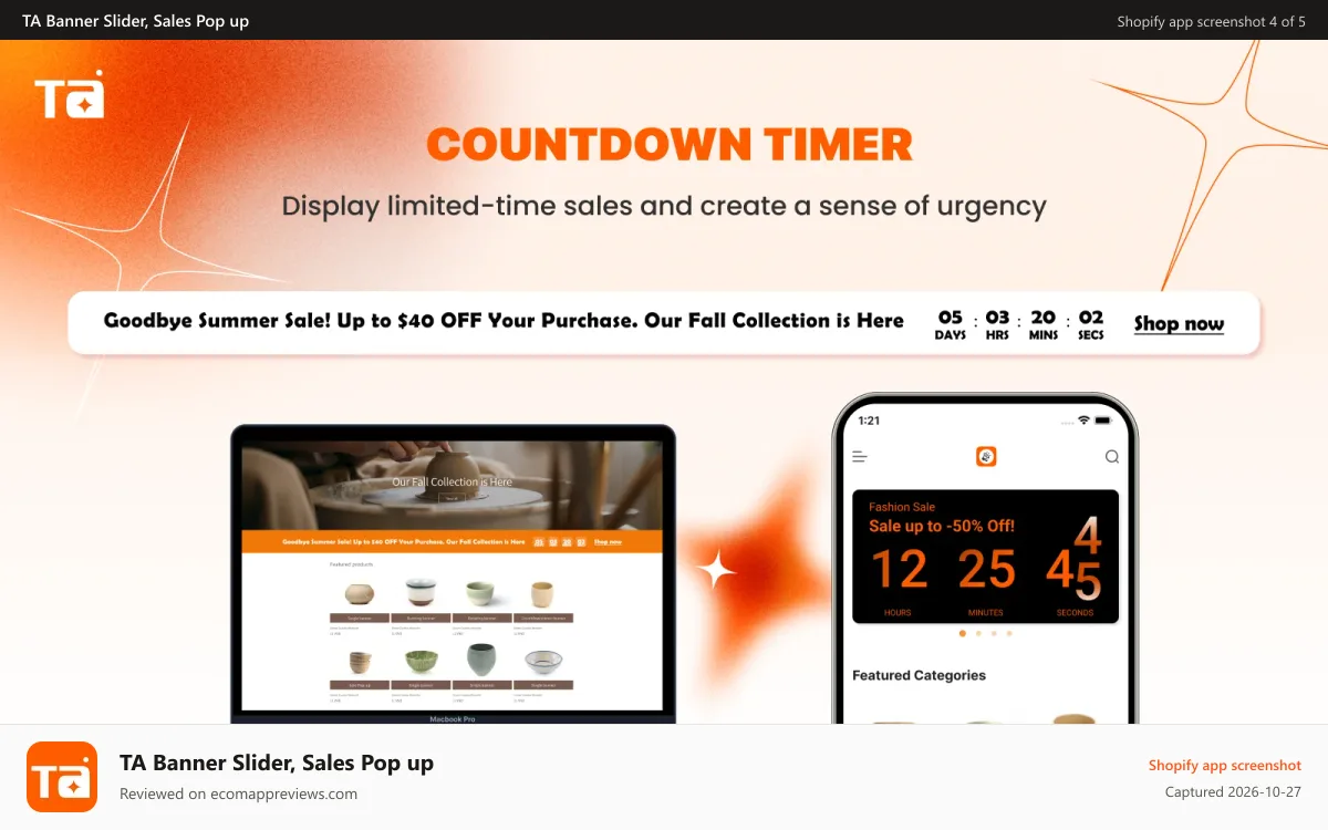 TA Banner Slider, Sales Pop up Shopify app screenshot: set up countdown for your promotional banner, shipping banner