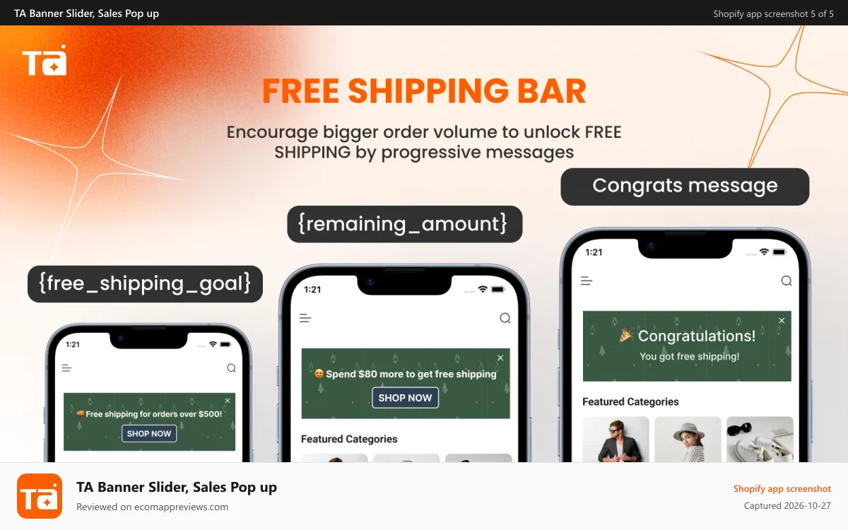 TA Banner Slider, Sales Pop up Shopify app screenshot: free shipping bar, free shipping banner, free shipping message
