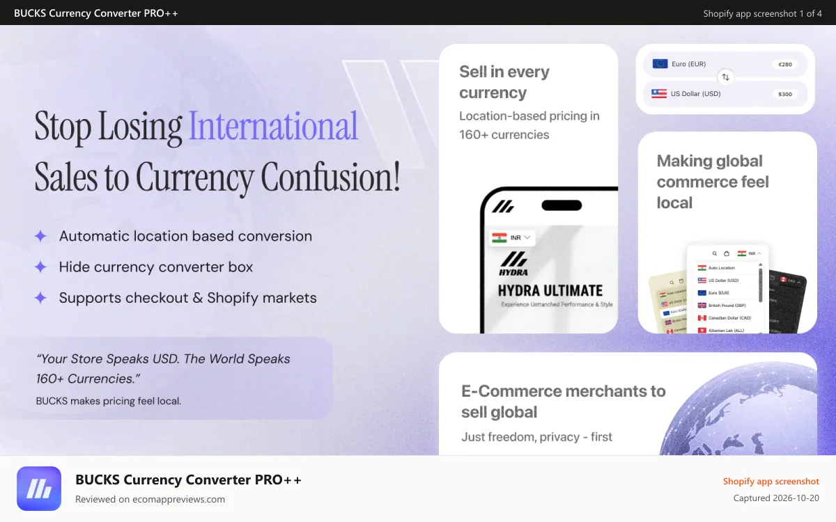 BUCKS Currency Converter PRO++ Shopify app screenshot: Automatic conversion with 160+ currencies