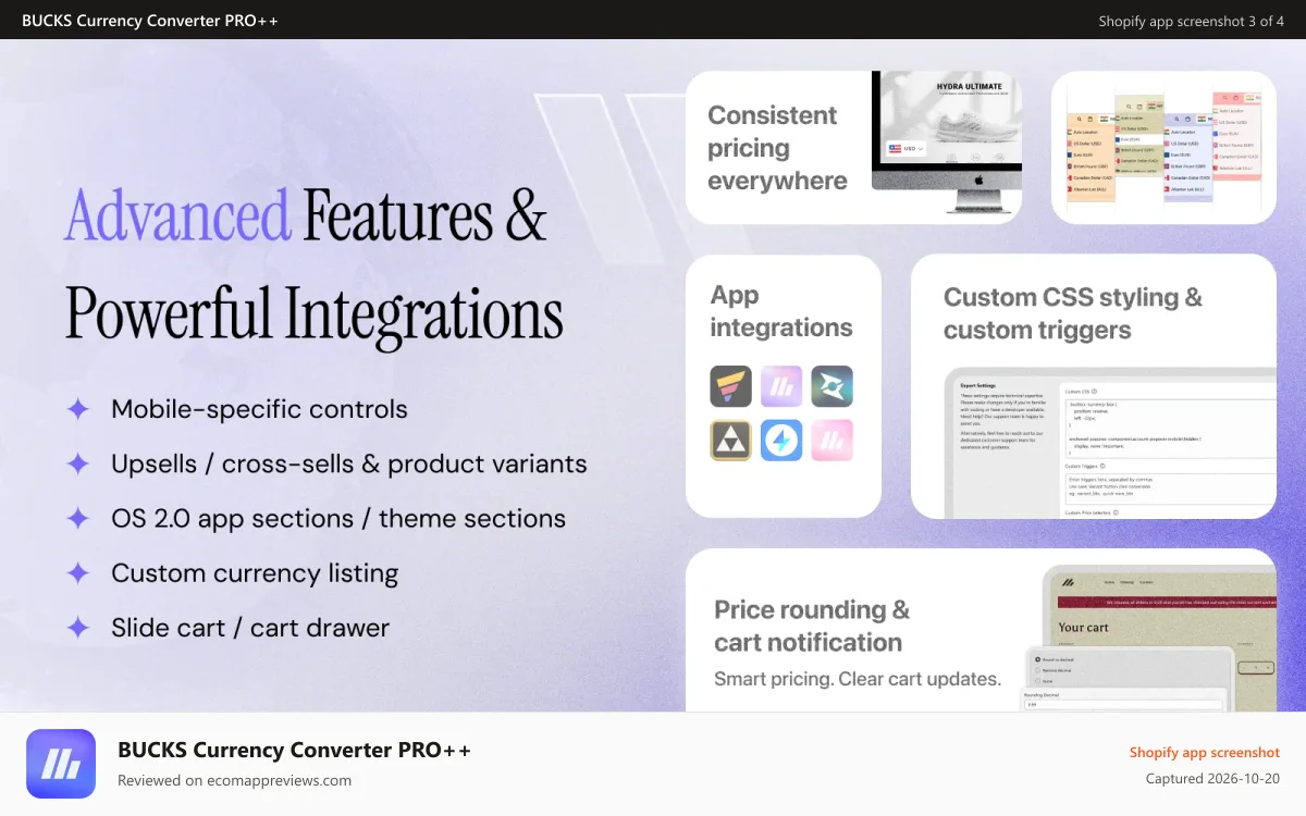 BUCKS Currency Converter PRO++ Shopify app screenshot: Advance features and powerful integrations
