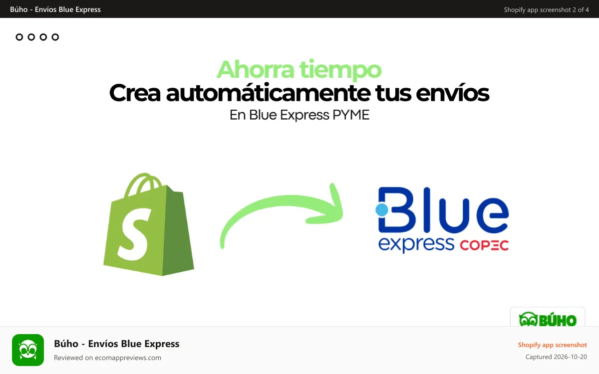 Búho ‑ Envíos Blue Express Shopify app screenshot: Ahorra tiempo