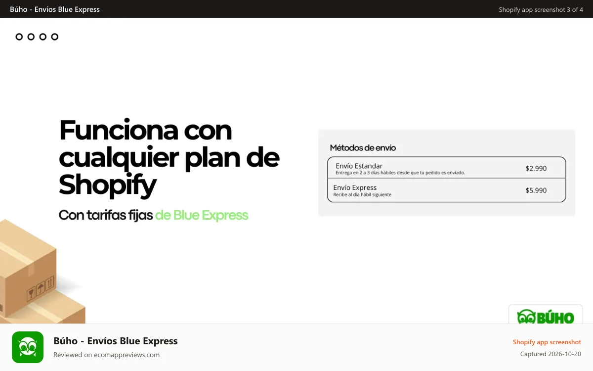 Búho ‑ Envíos Blue Express Shopify app screenshot: Funciona con cualquier plan de shopify