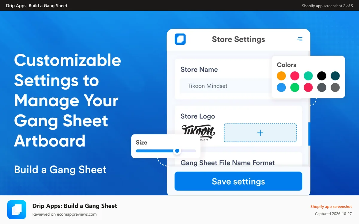 Drip Apps: Build a Gang Sheet Shopify app screenshot: Build a Gang Sheet store settings