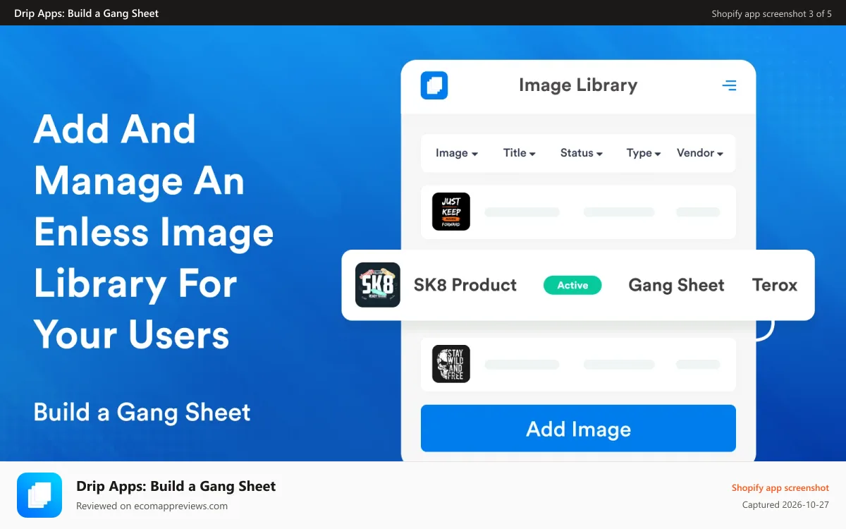 Drip Apps: Build a Gang Sheet Shopify app screenshot: Build a Gang Sheet products view
