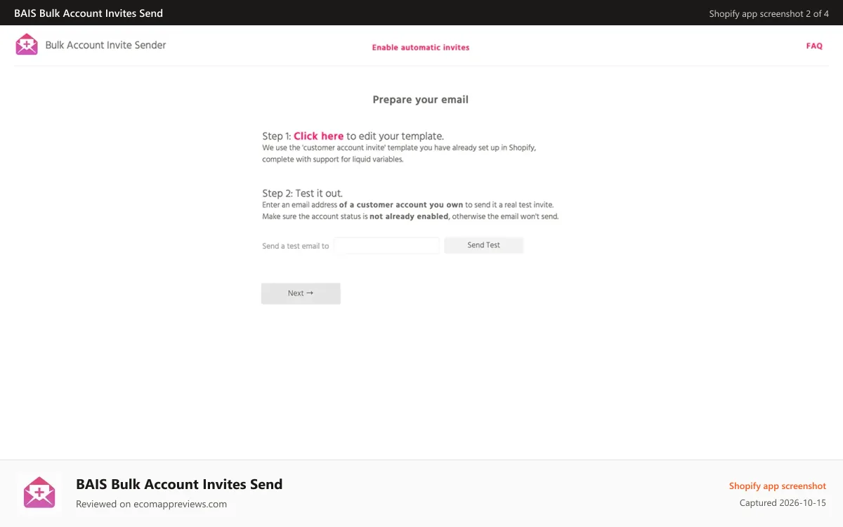 BAIS Bulk Account Invites Send Shopify app screenshot: bulk account invite sender