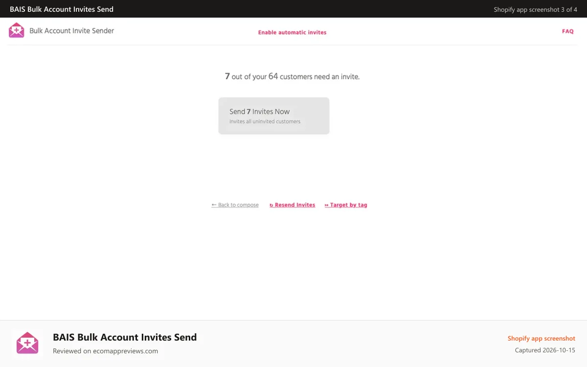 BAIS Bulk Account Invites Send Shopify app screenshot: bulk account invite sender