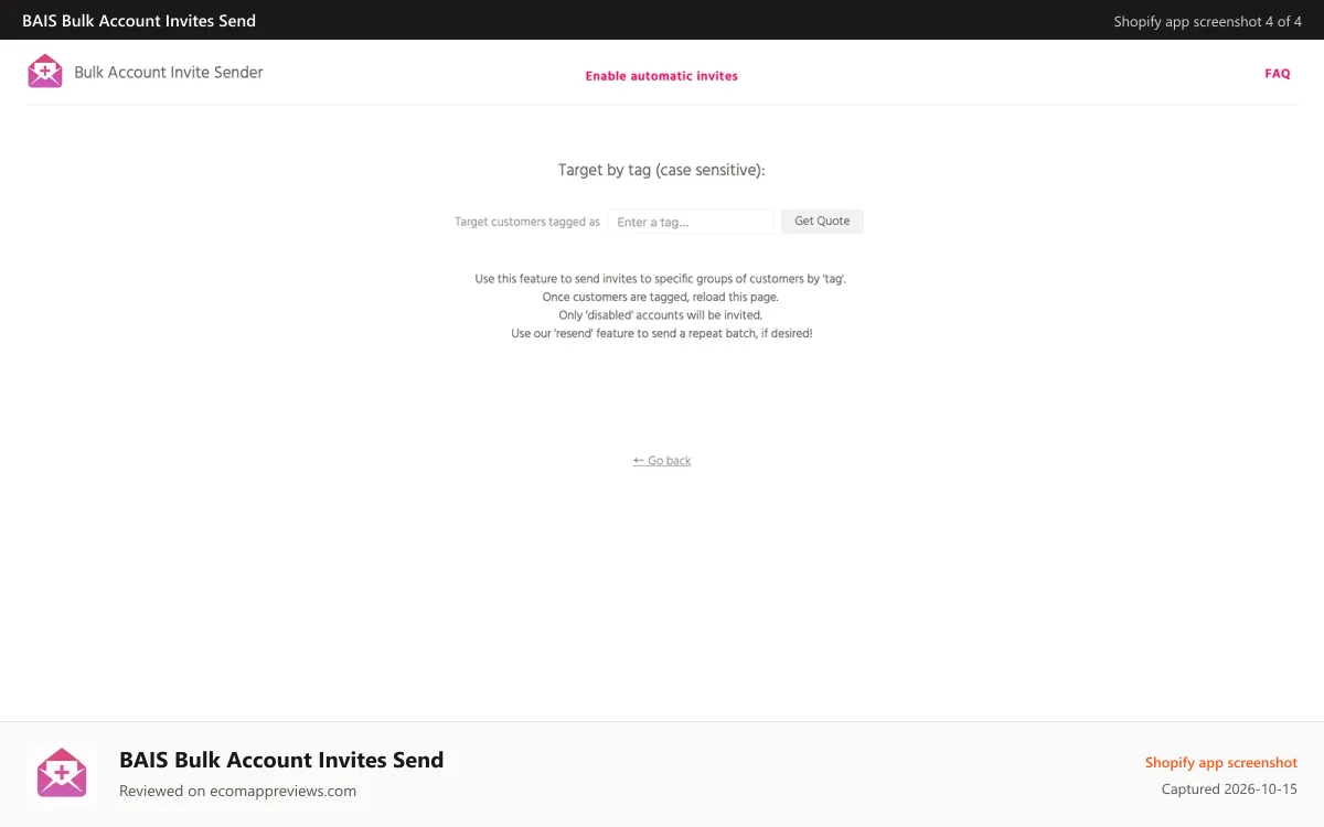 BAIS Bulk Account Invites Send Shopify app screenshot: bulk account invite sender