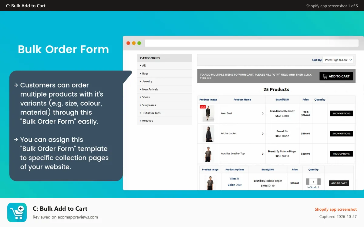 C: Bulk Add to Cart Shopify app screenshot: Bulk Order Form