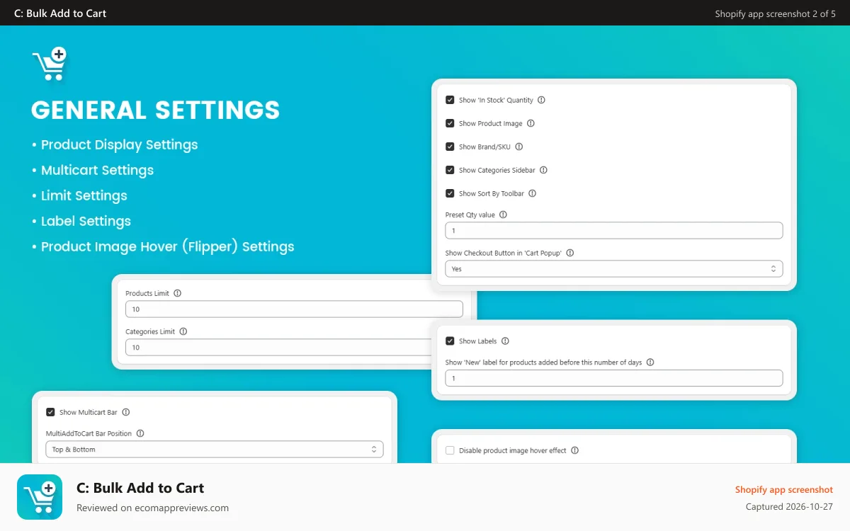 C: Bulk Add to Cart Shopify app screenshot: General Settings