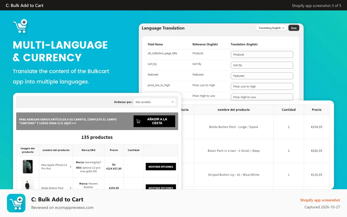 C: Bulk Add to Cart Shopify app screenshot: Language Translation