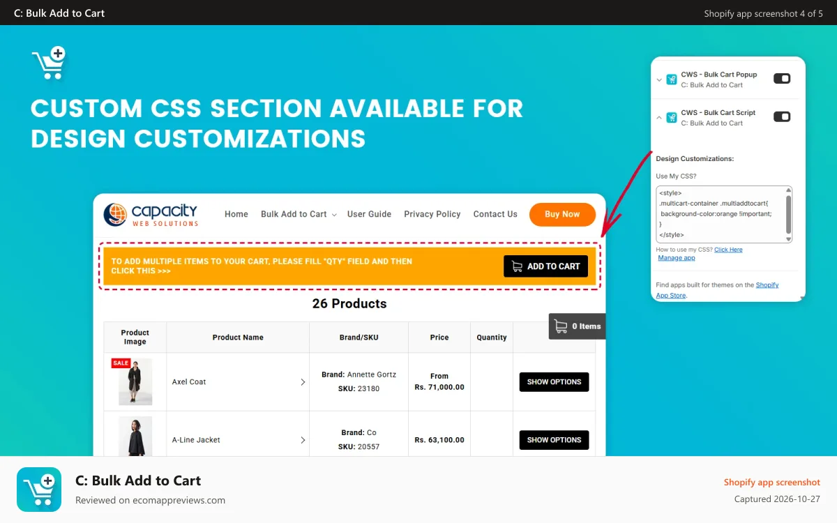 C: Bulk Add to Cart Shopify app screenshot: Design custumization