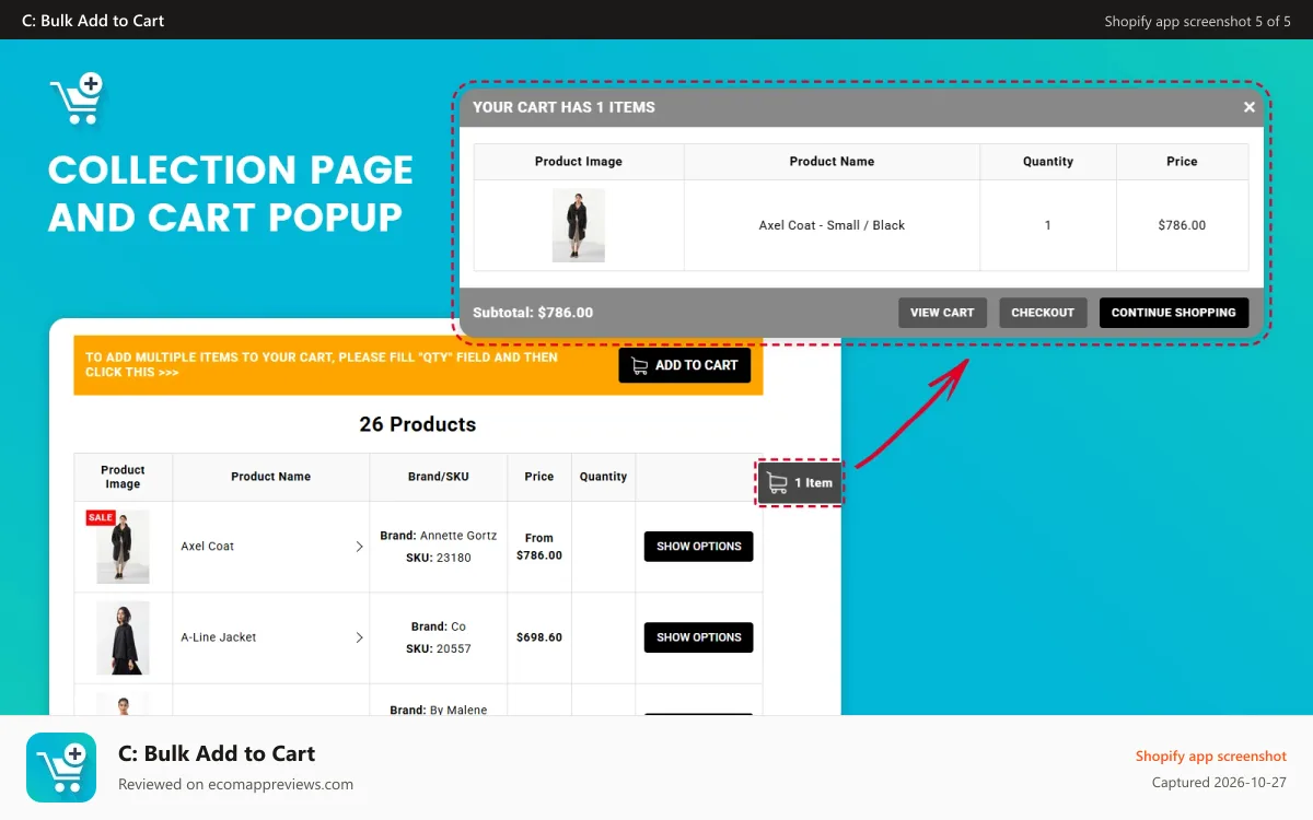 C: Bulk Add to Cart Shopify app screenshot: Collection page bulkcart preview
