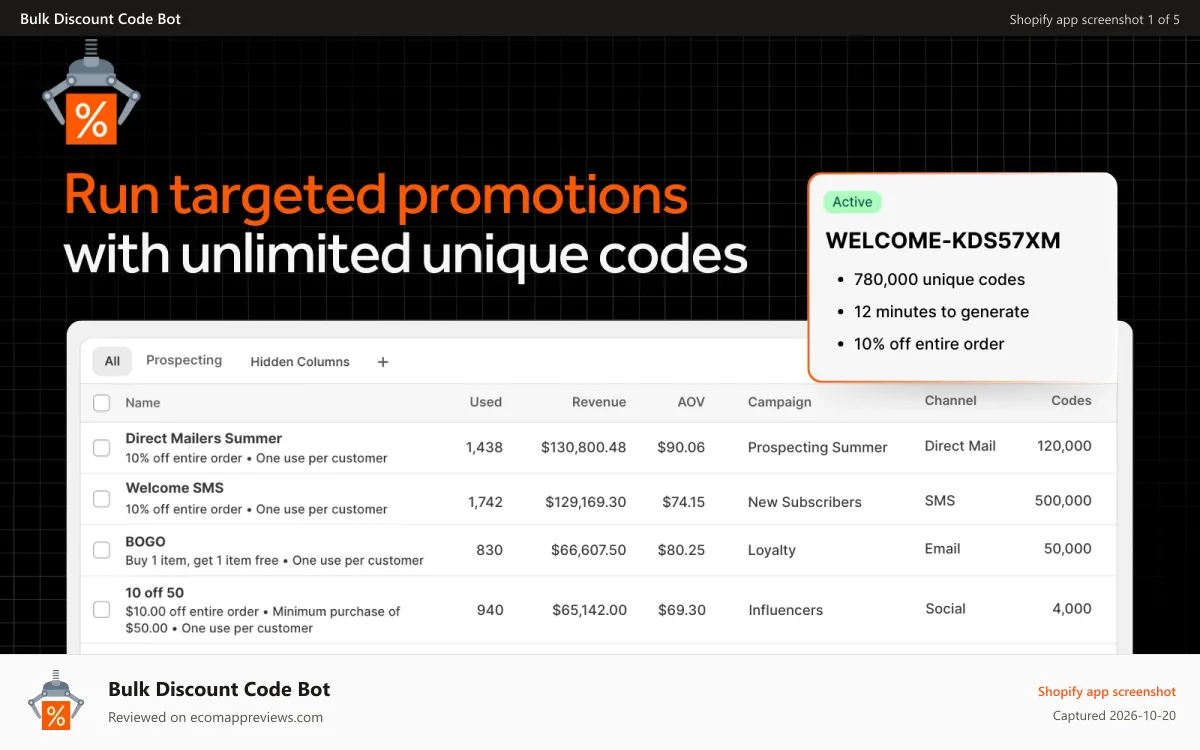 Bulk Discount Code Bot Shopify app screenshot: Run targeted promotions with unlimited unique codes