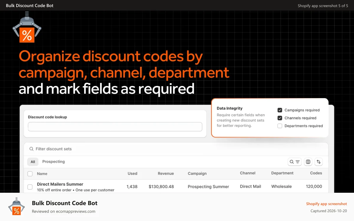 Bulk Discount Code Bot Shopify app screenshot: Organize discounts: campaign, channel, prefix, code lookup