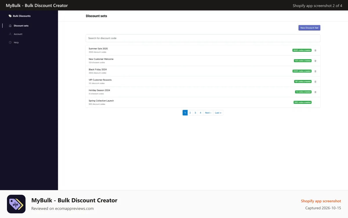 MyBulk ‑ Bulk Discount Creator Shopify app screenshot: Keep track of your discount codes by promotion