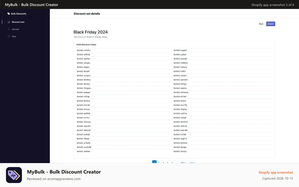 MyBulk ‑ Bulk Discount Creator Shopify app screenshot: View and export generated discounts codes
