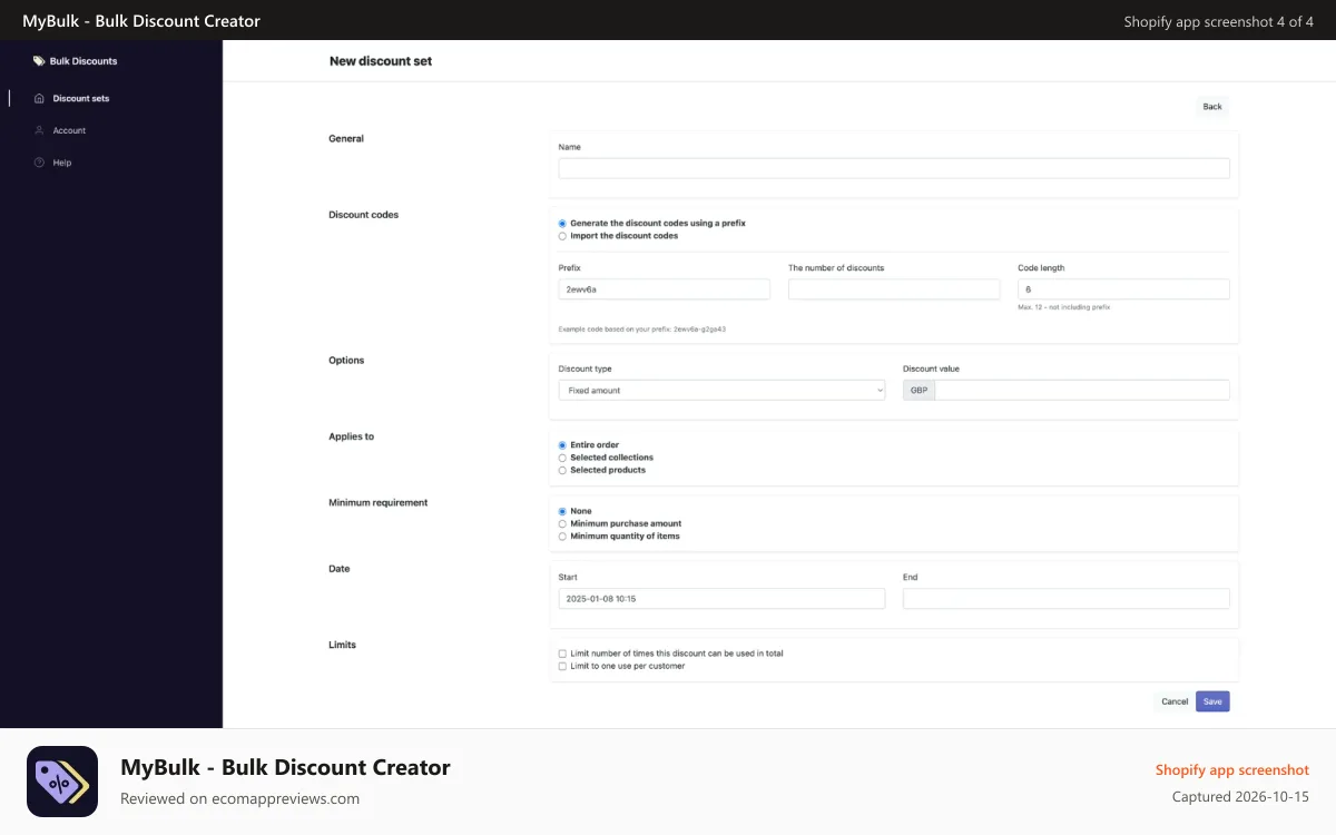 MyBulk ‑ Bulk Discount Creator Shopify app screenshot: Set discount parameters