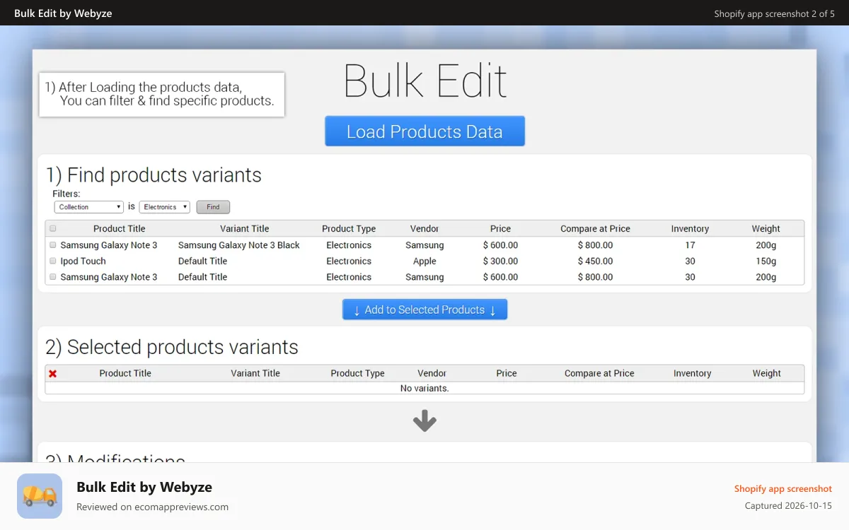 Bulk Edit by Webyze Shopify app screenshot: Admin panel step 1, find product variants