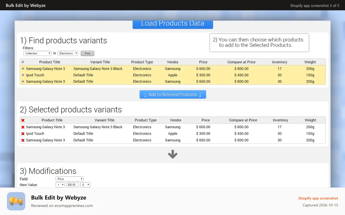 Bulk Edit by Webyze Shopify app screenshot: Admin panel step 2, select product variants