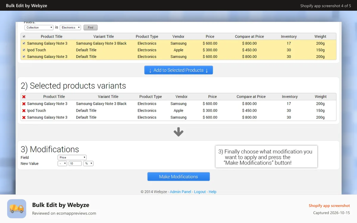 Bulk Edit by Webyze Shopify app screenshot: Admin panel step 1, find product variants