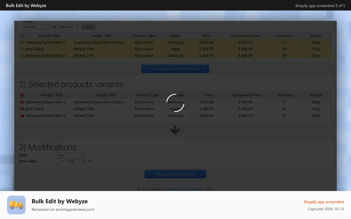 Bulk Edit by Webyze Shopify app screenshot: Admin panel applying modifications
