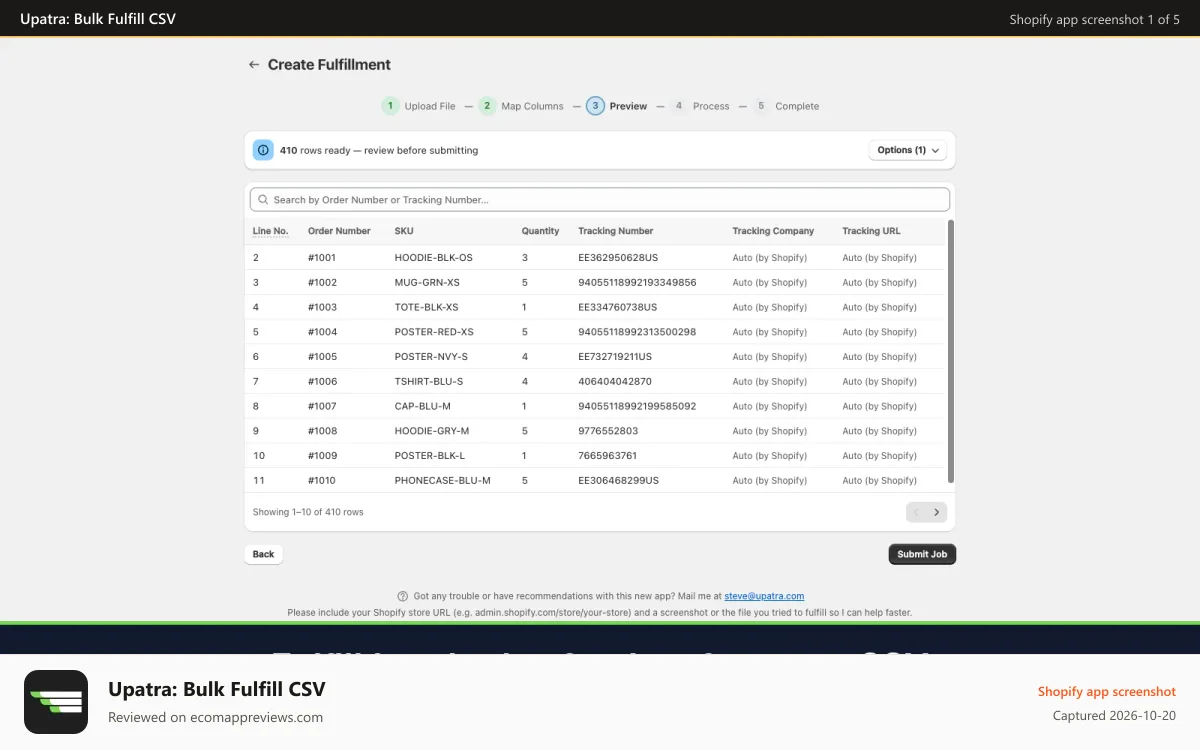 Upatra: Bulk Fulfill CSV Shopify app screenshot: Bulk fulfill hundreds of orders from a single CSV or XLS file