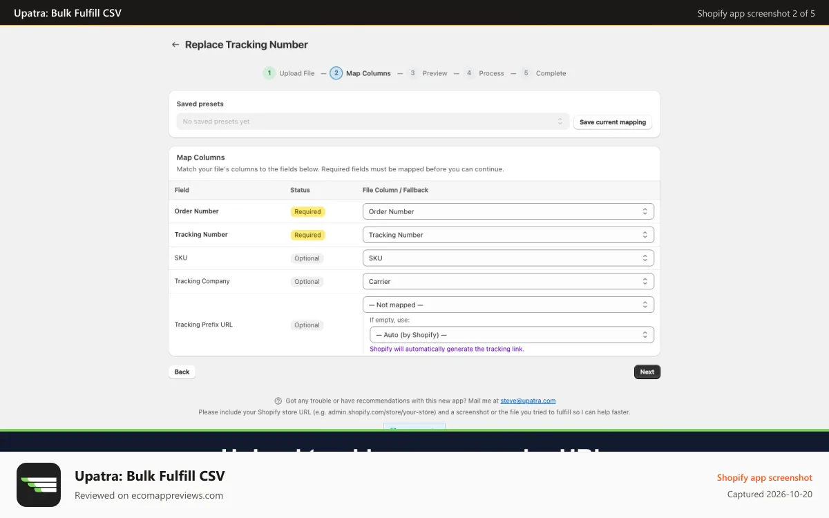 Upatra: Bulk Fulfill CSV Shopify app screenshot: Bulk upload tracking numbers with any custom carrier URL link