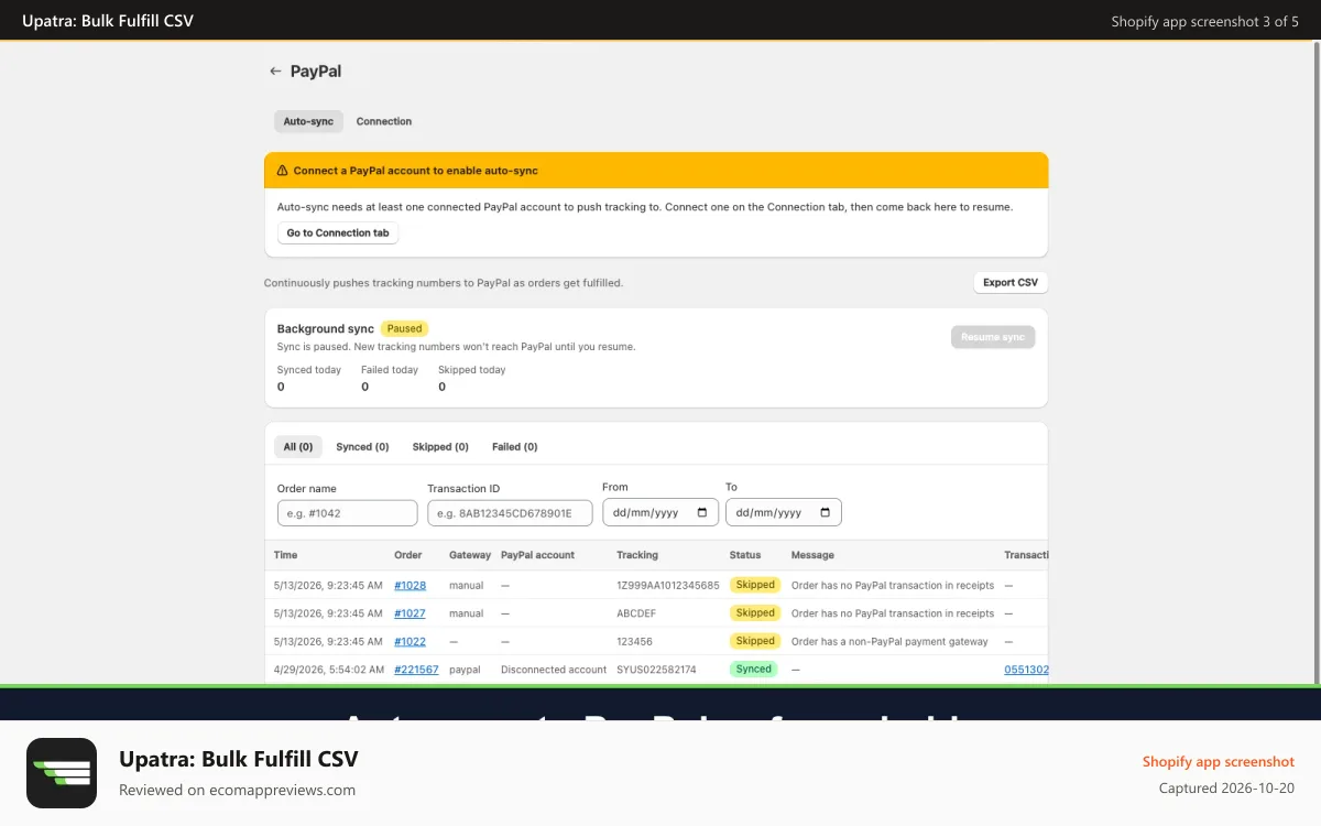 Upatra: Bulk Fulfill CSV Shopify app screenshot: Auto-sync shipped orders to PayPal to cut holds and disputes