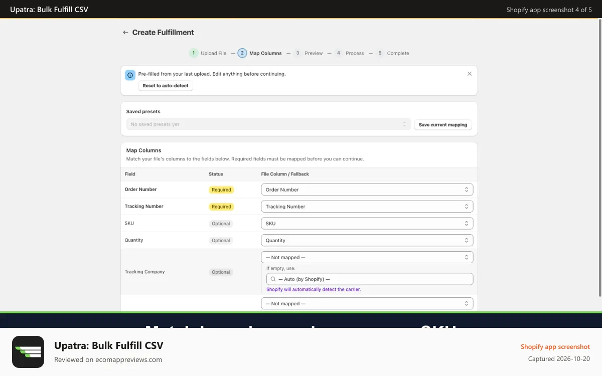 Upatra: Bulk Fulfill CSV Shopify app screenshot: Fulfill by order number, order name, or product variant SKU
