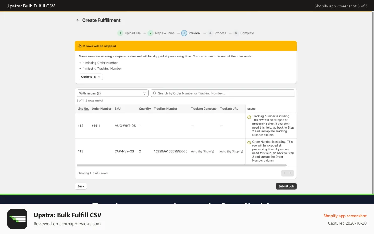 Upatra: Bulk Fulfill CSV Shopify app screenshot: Preview every change before bulk fulfillment ships your orders