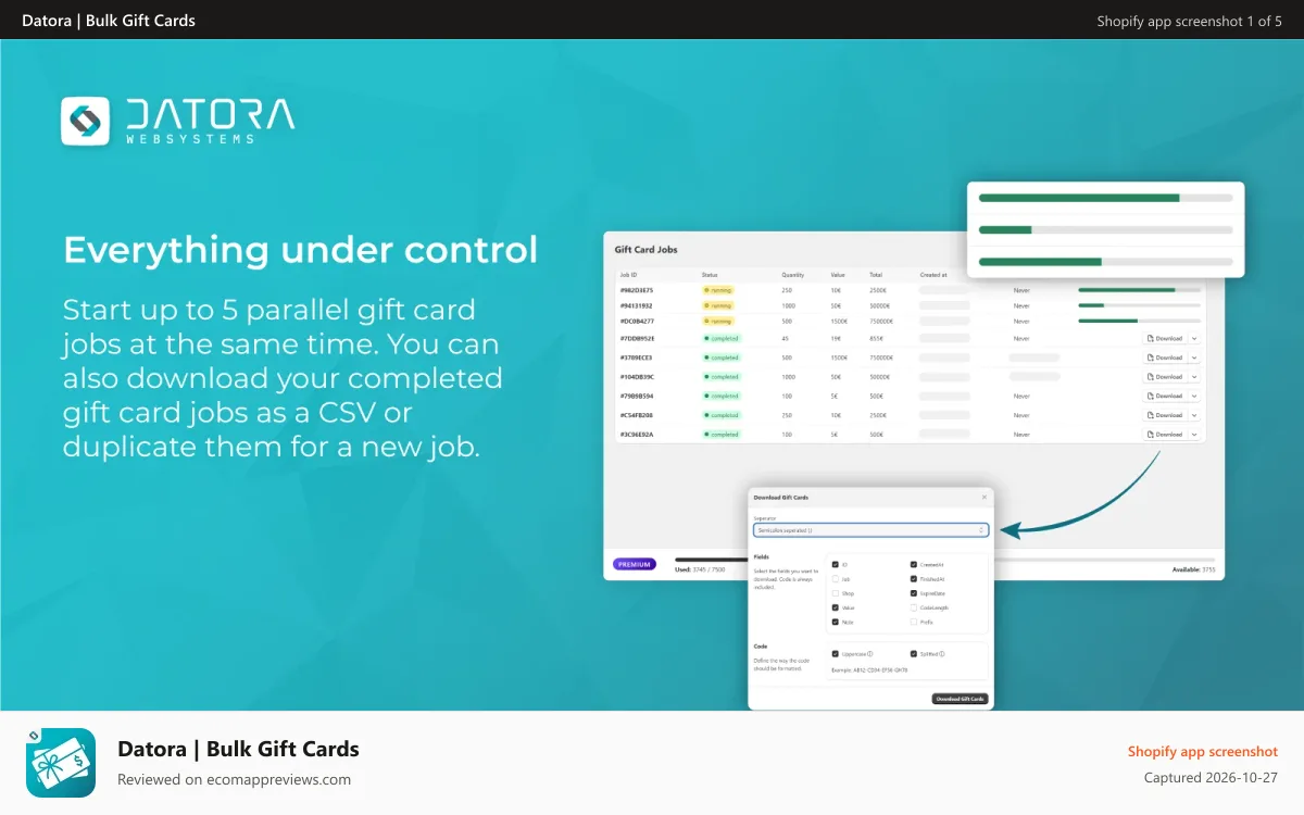 Datora | Bulk Gift Cards Shopify app screenshot: Gift card jobs with live progress, CSV download and duplication