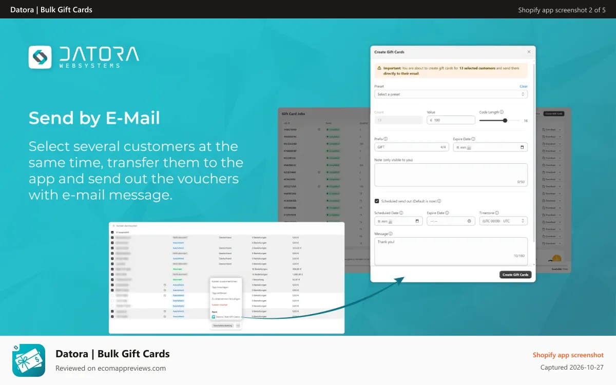 Datora | Bulk Gift Cards Shopify app screenshot: Bulk gift cards with real-time progress