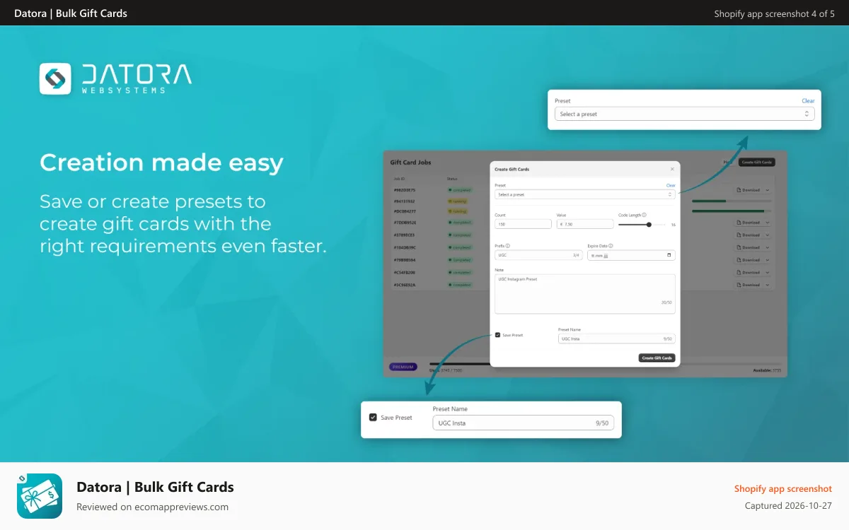Datora | Bulk Gift Cards Shopify app screenshot: Flexible management with .csv download