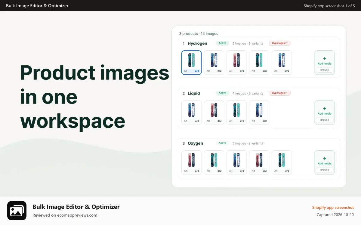 Bulk Image Editor & Optimizer Shopify app screenshot: Product image workspace for three snowboard products