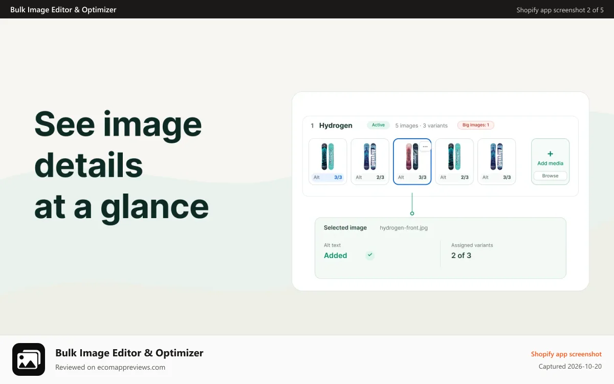 Bulk Image Editor & Optimizer Shopify app screenshot: Image details and variant assignments for a snowboard product