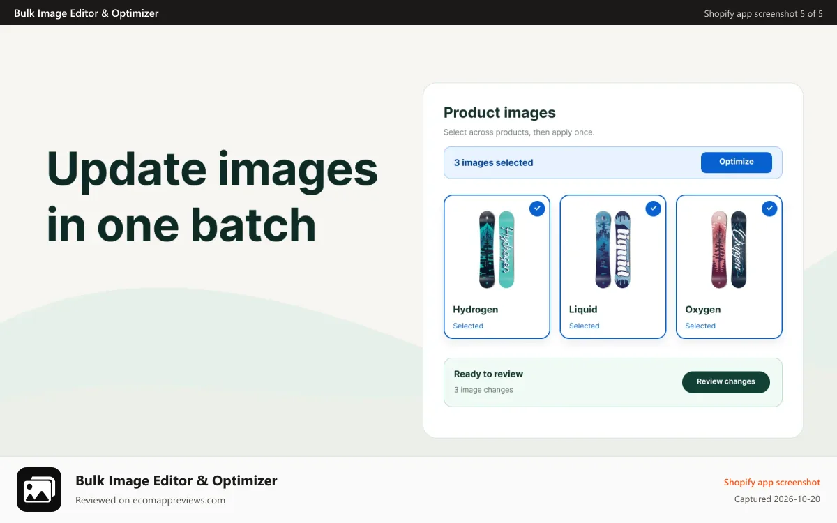 Bulk Image Editor & Optimizer Shopify app screenshot: Optimizing three selected product images in one batch