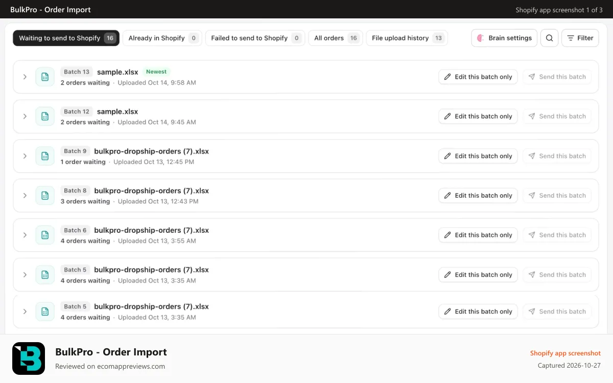BulkPro ‑ Order Import Shopify app screenshot: Order Import and upload